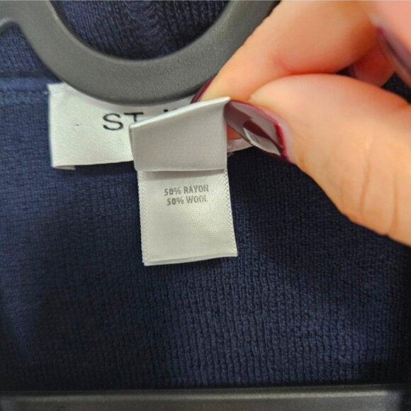 ST. JOHN Cascade Front Knit Cardigan Sz S Geometric Stripes Navy Off White - Picture 5 of 9